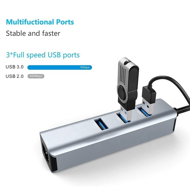 USB 3.1 Интерфейс типа C до 9 портов USB A 3.0 адаптер с RJ45 гигабитной Ethernet сетевой картой Серый