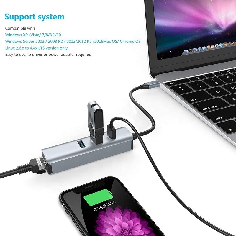 USB 3.1 Интерфейс типа C до 9 портов USB A 3.0 адаптер с RJ45 гигабитной Ethernet сетевой картой Серый