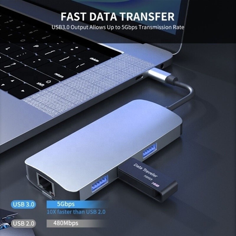 6 в 1 USB A Hub 4K HDMI USB3.0 RJ45 1000Mbps PD зарядный адаптер