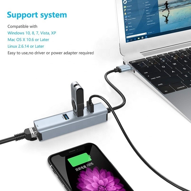 USB 3.0 до 6 портов USB Hub и 1000Mbps Ethernet адаптер для совместимости мужского и женского пола