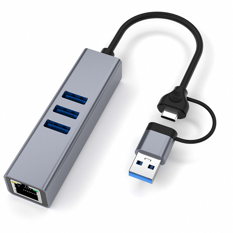USB Type C LAN Adapter 6-в-2 USB C Hub с 3 портами USB 3.0 и интерфейсом RJ45 Gigabit LAN