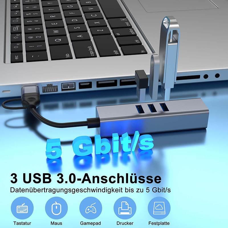USB Type C LAN Adapter 6-в-2 USB C Hub с 3 портами USB 3.0 и интерфейсом RJ45 Gigabit LAN