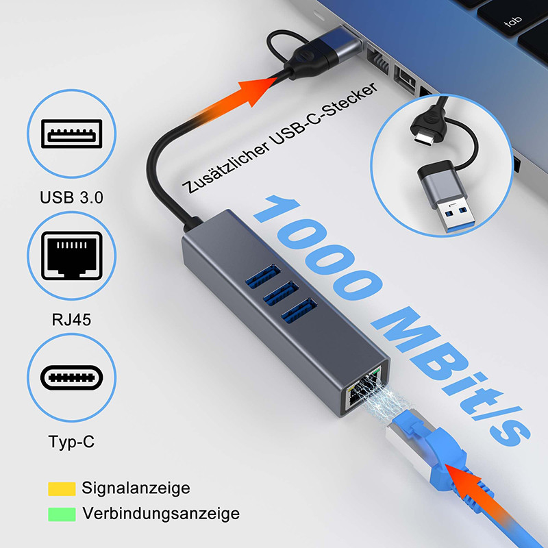 USB Type C LAN Adapter 6-в-2 USB C Hub с 3 портами USB 3.0 и интерфейсом RJ45 Gigabit LAN