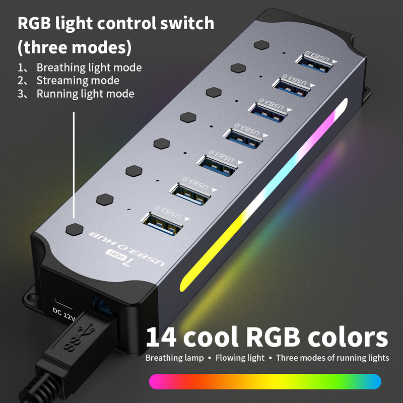 Настраиваемый логотип Приемлемая скорость USB 3.0 Хаб с 7 портами и дизайном из алюминиевого сплава
