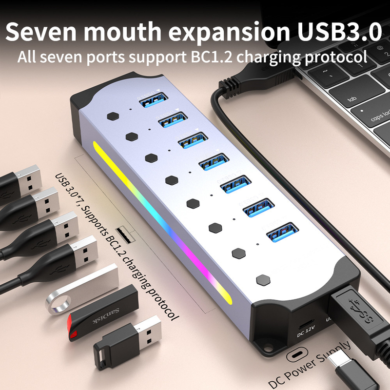 Настраиваемый логотип Приемлемая скорость USB 3.0 Хаб с 7 портами и дизайном из алюминиевого сплава