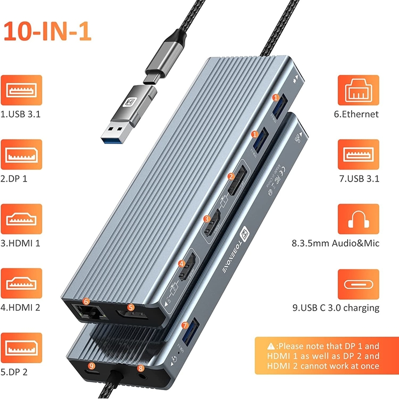USB 3.1 Интерфейс типа C до 9 портов USB A 3.0 адаптер с RJ45 гигабитной Ethernet сетевой картой Серый