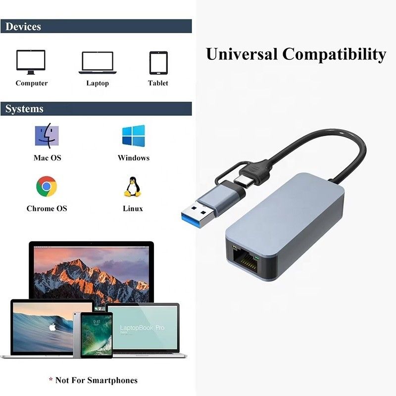 2 в 1 Алюминиевый USB 3.0 Ethernet адаптер типа C для быстрого и стабильного сетевого соединения