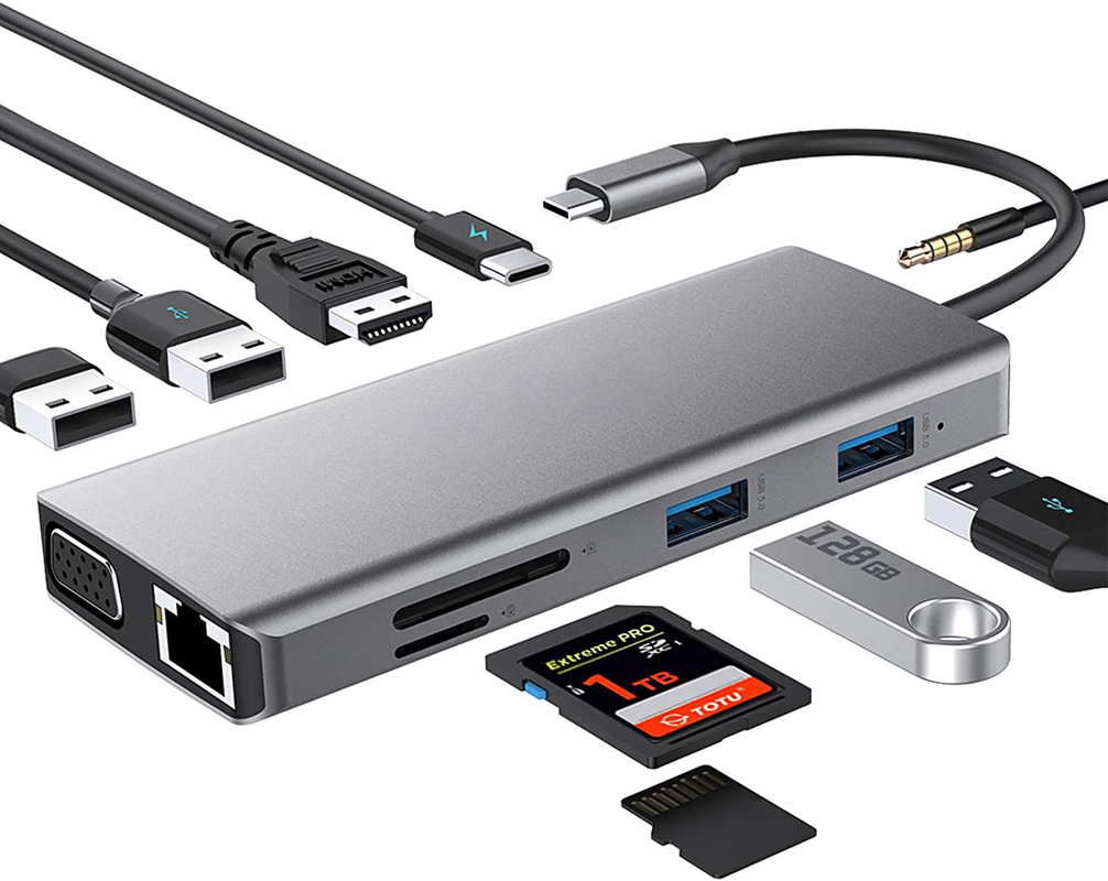 USB C Hub Type-C к USB 3.0 HDMI VGA RJ45 Lan SD TF Audio USB серый мультипортный адаптер